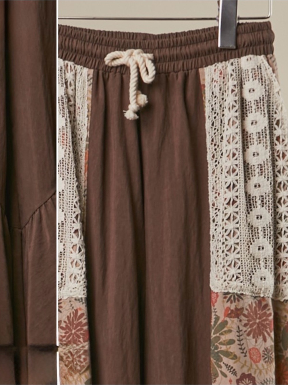 Mello Brown Floral Patchwork pants with Crochet Trim - Picture 2 of 3
